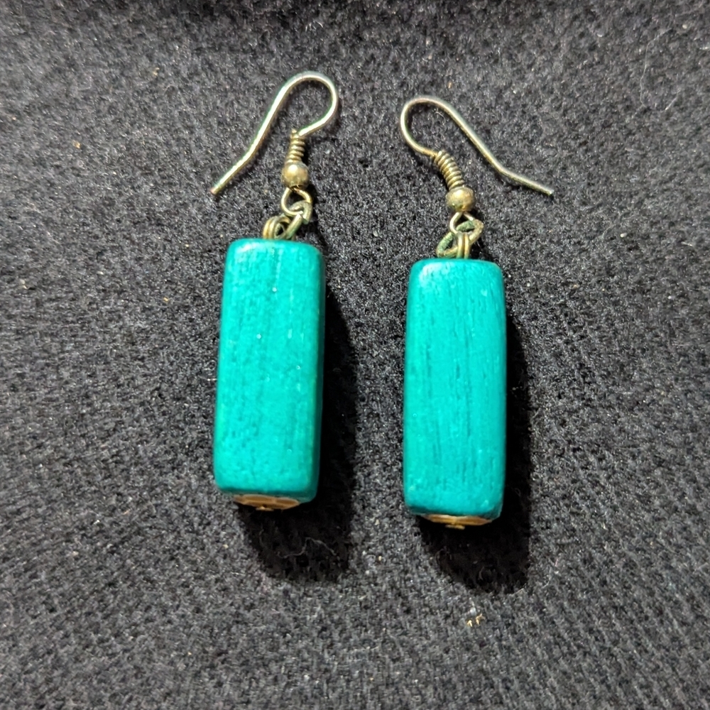 Silver Tone Turquoise Blue Wooden Rectangular Lightweight Statement Earrings